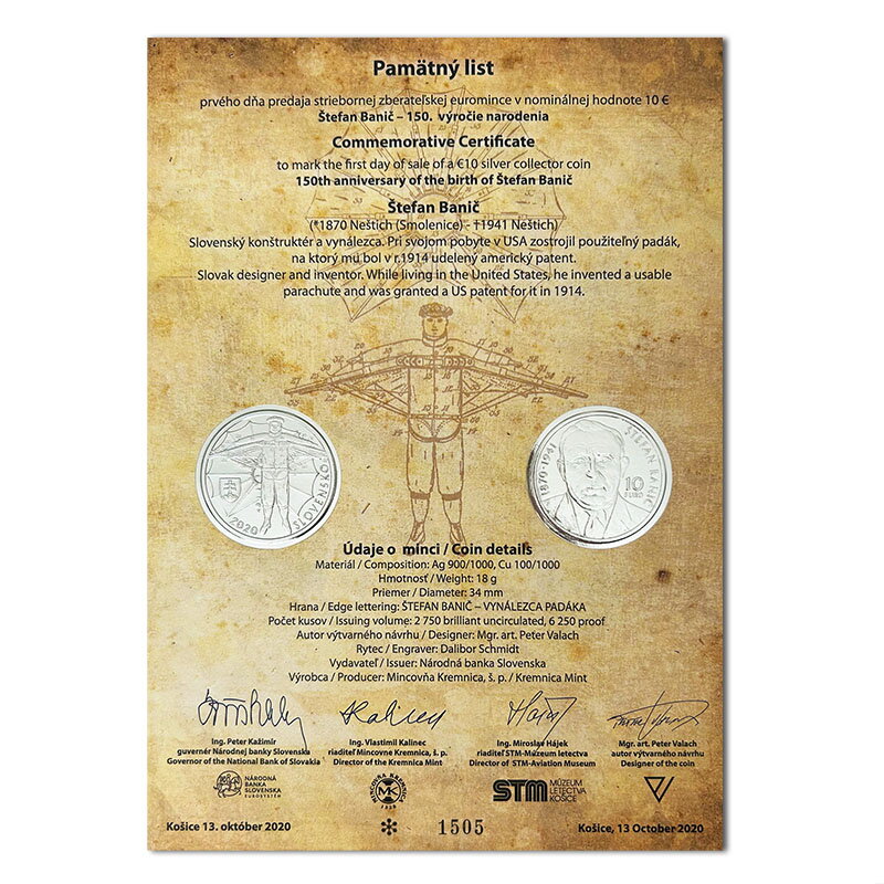 Pamätný list 10 EURO/2020 - Štefan Banič - 150. výročie narodenia