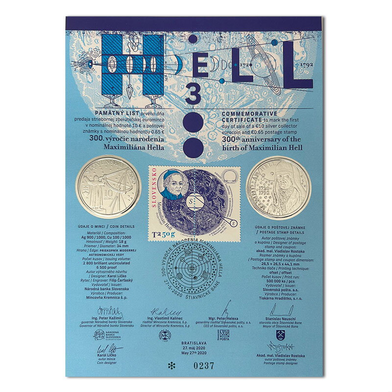 Pamätný list 10 EURO/2020 - Maximilián Hell - 300. výročie narodenia