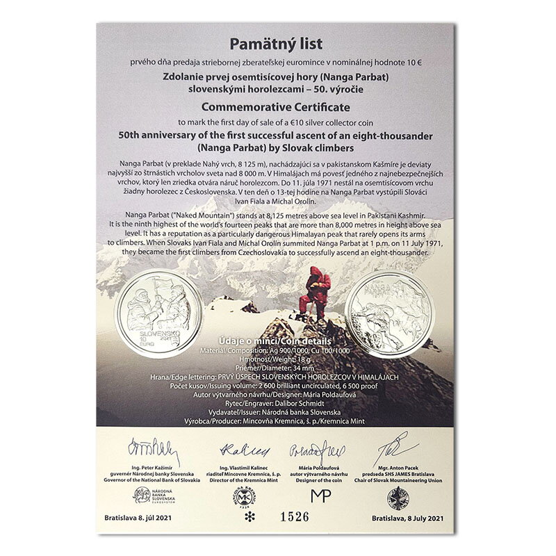 Commemorative Certificate 10 EURO/2021 - 50th anniversary of the first successful ascent of an eight-thousander (Nanga Parbat) by Slovak climbers