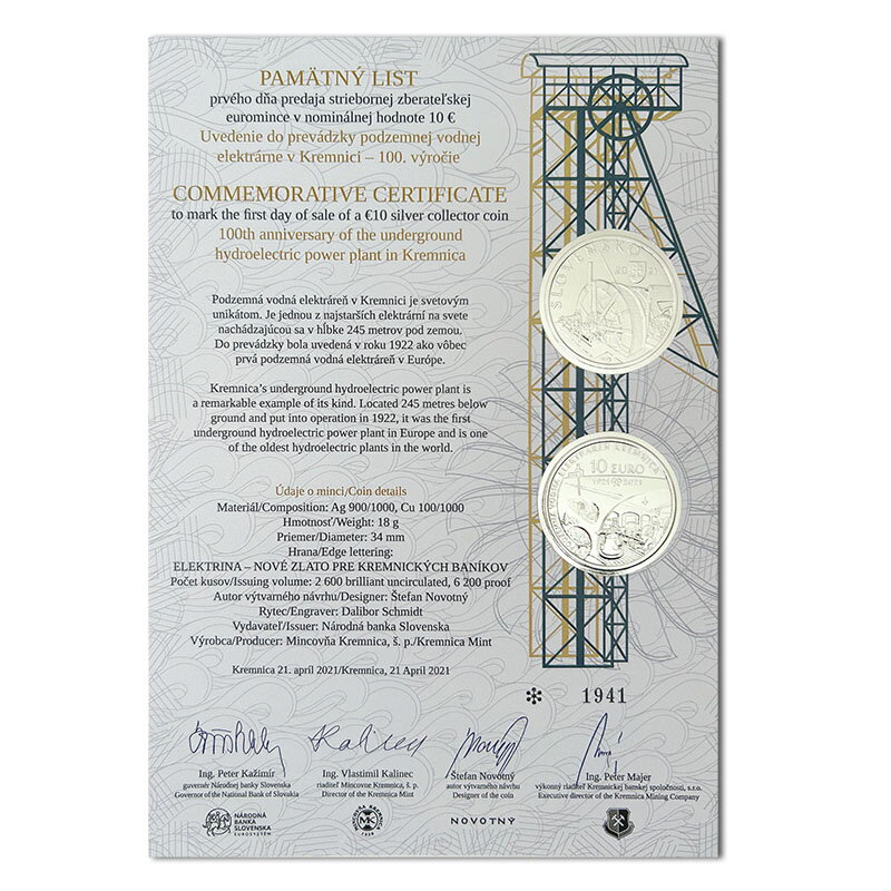 Commemorative Certificate 10 EURO/2021 - 100th anniversary of the underground hydroelectric power plant in Kremnica