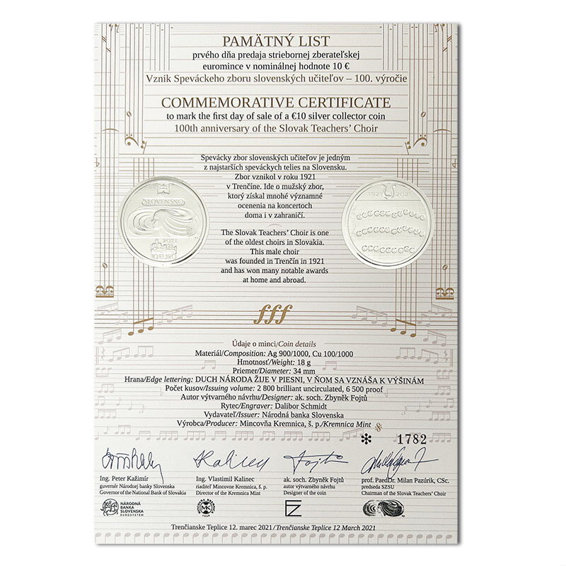 Pamätný list 10 EURO/2021 - Vznik Speváckeho zboru slovenských učiteľov - 100. výročie