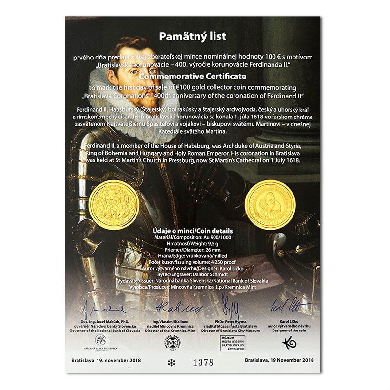Commemorative Certificate 100 EURO/2018 - Ferdinand II. - 400th anniversary of the coronation