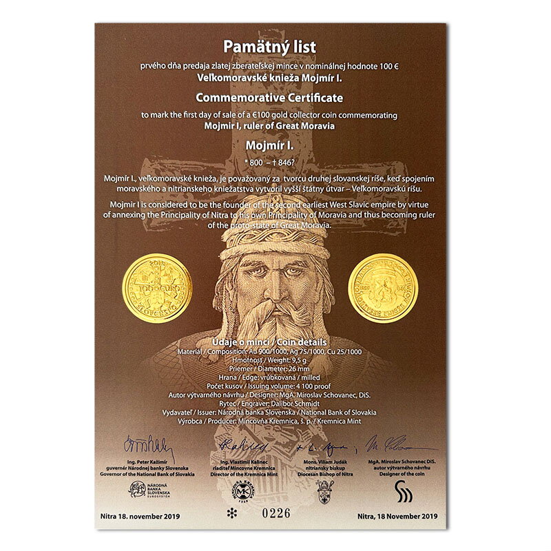 Pamätný list 100 EURO/2019 - Mojmír I. - Veľkomoravské knieža