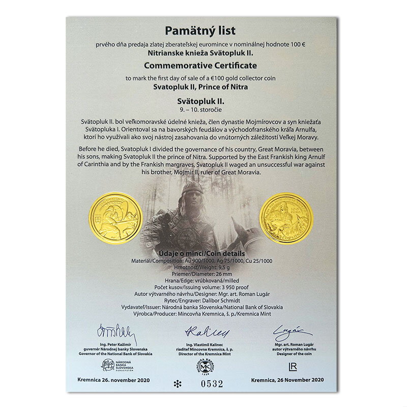Pamätný list 100 EURO/2020 - Svätopluk II. - Nitrianske knieža