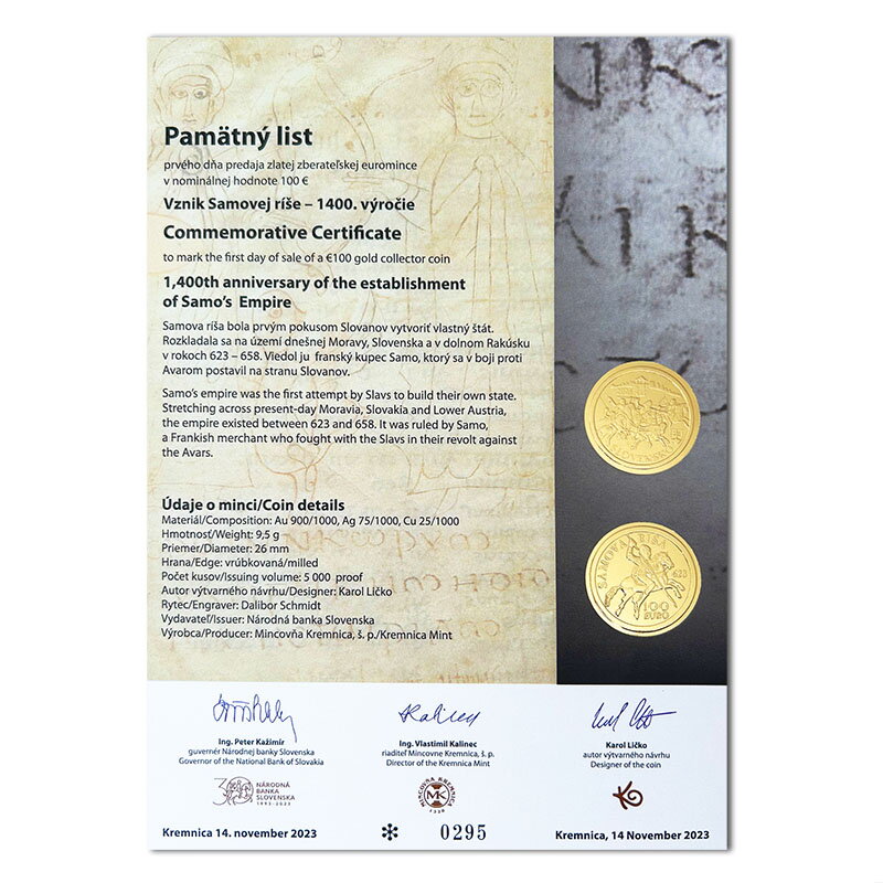 Commemorative Certificate 100 EURO/2023 - 1400th anniversary of the establishment of Samo’s Empire