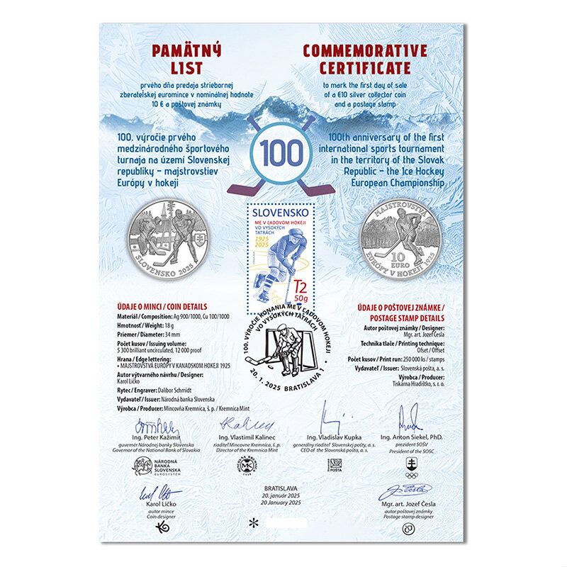 Pamätný list 10 EURO/2025 - Majstrovstvá Európy v hokeji - 100. výročie prvého medzinárodného športového turnaja na území SR