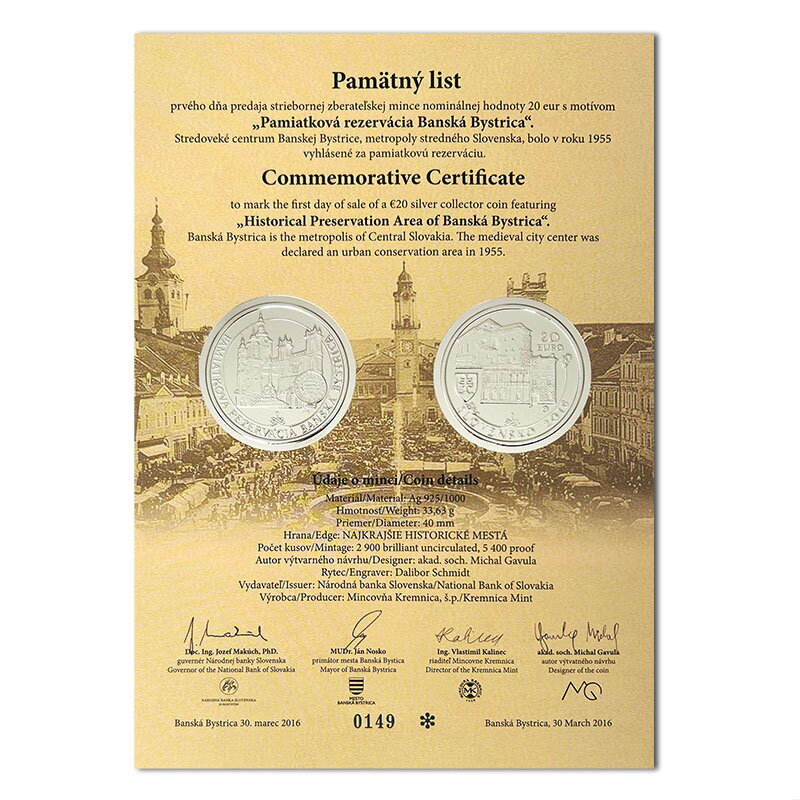 Commemorative Certificate 20 EURO/2016 - Banská Bystrica Heritage Site