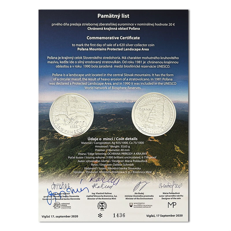 Commemorative Certificate 20 EURO/2020 - Poľana Mountains Protected Landscape Area