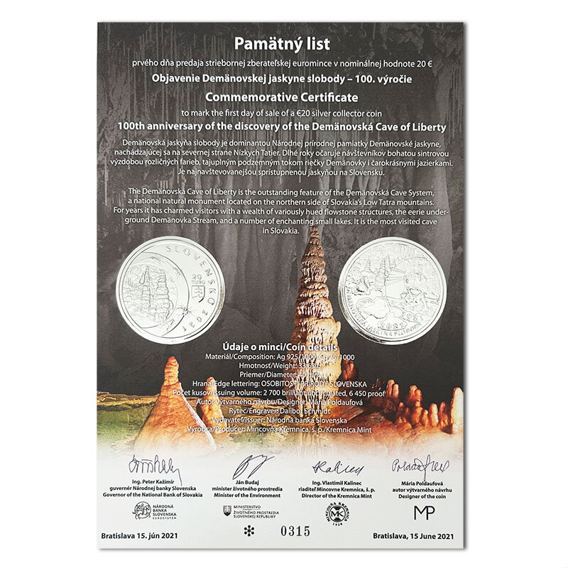 Commemorative Certificate 20 EURO/2021 - 100th anniversary of the discovery of the Demänovská Cave of Liberty
