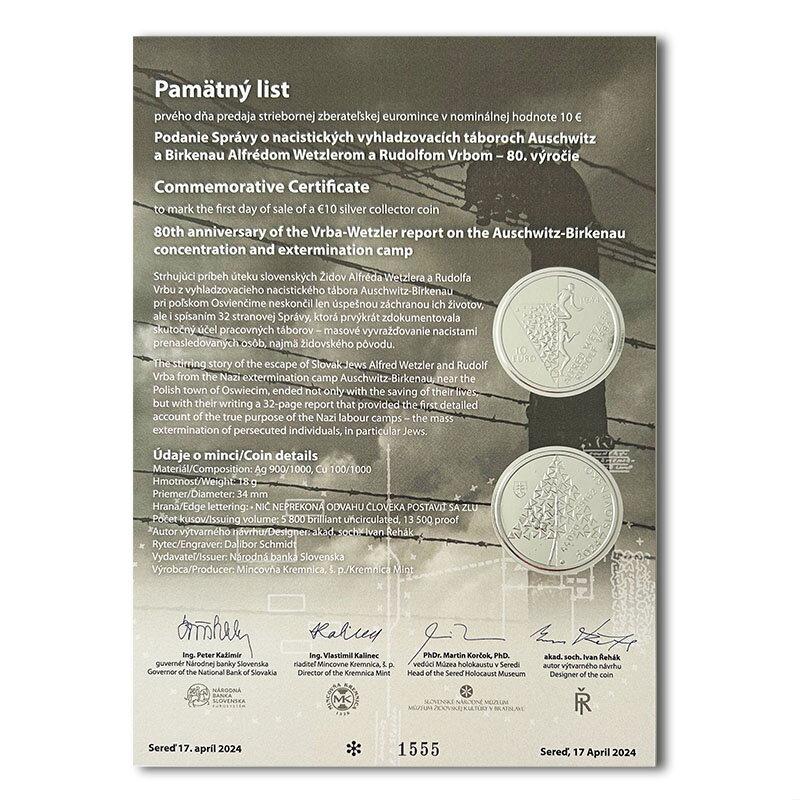 Commemorative Certificate 10 EURO/2024 - 80th anniversary of the Vrba-Wetzler report on theAuschwitz-Birkenau concentration and extermination camp
