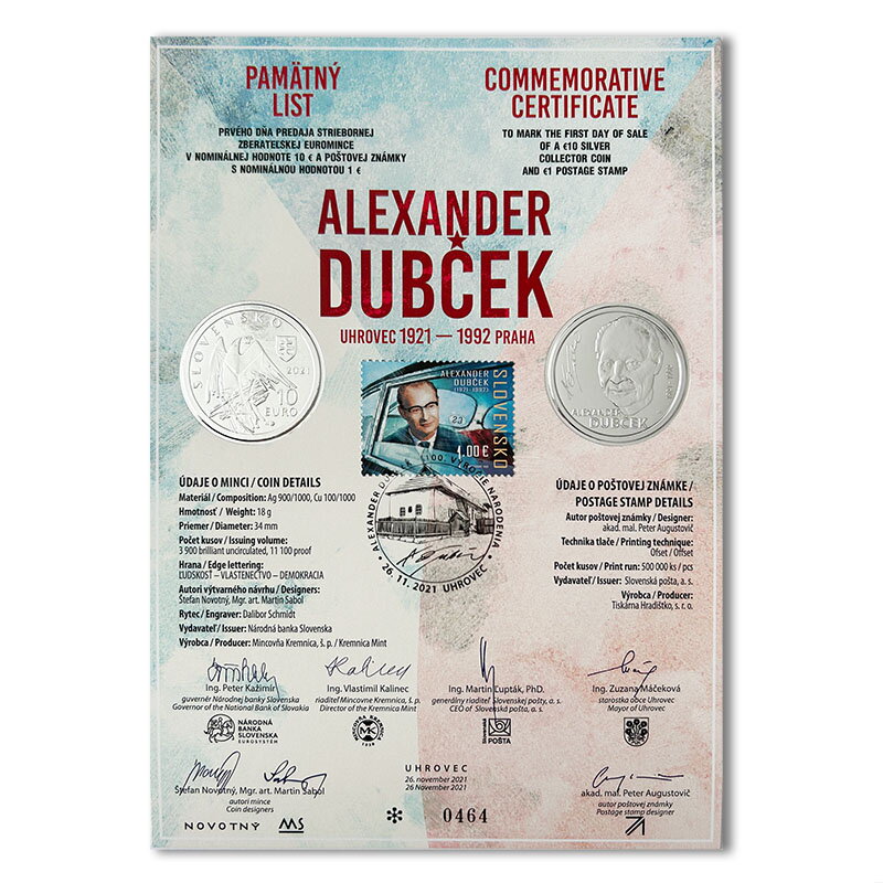 Pamätný list 10 EURO/2021 - Alexander Dubček - 100. výročie narodenia