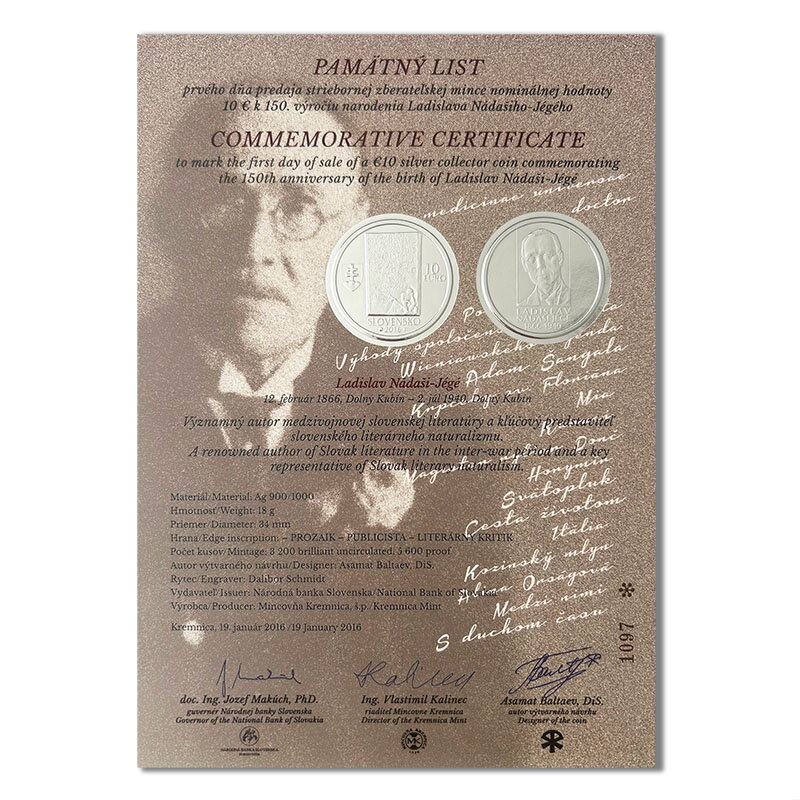 Commemorative Certificate 10 EURO/2016 - Ladislav Nádaši-Jégé - 150th anniversary of the birth