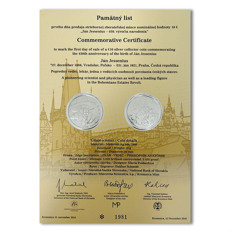 Commemorative Certificate 10 EURO/2016 - Ján Jessenius - 450th anniversary of the birth