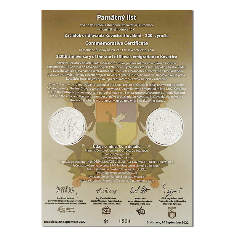 Commemorative Certificate 10 EURO/2022 - 220th anniversary of the start of Slovak emigration to Kovačica
