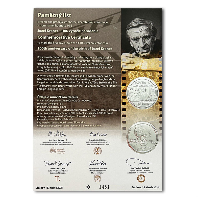 Pamätný list 10 EURO/2024 - Jozef Kroner - 100. výročie narodenia