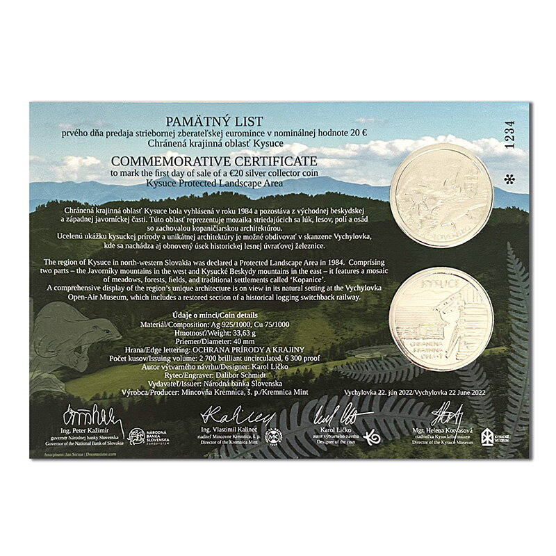 Commemorative Certificate 20 EURO/2022 - Kysuce Protected Landscape Area