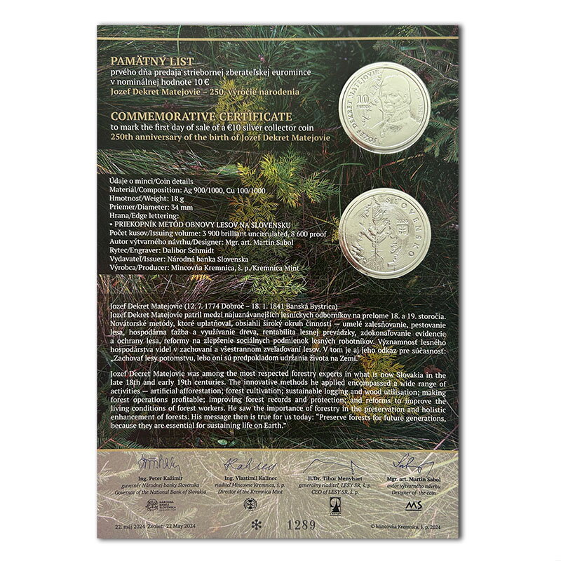 Commemorative Certificate 10 EURO/2024 - 250th anniversary of the birth of Jozef Dekret Matejovie