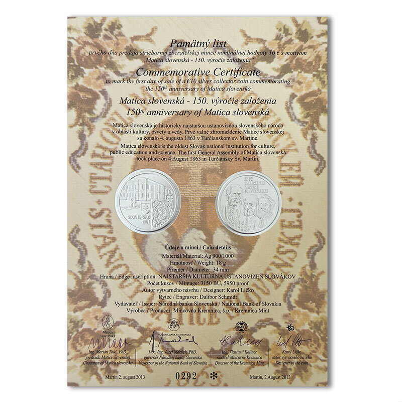 Pamätný list 10 EURO/2013 - Matica slovenská - 150. výročie