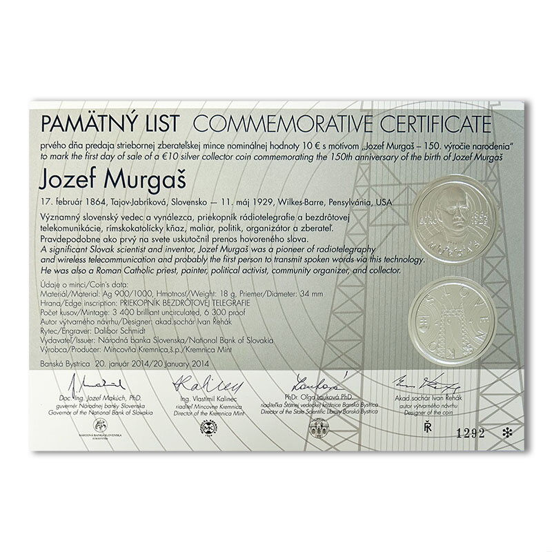 Pamätný list 10 EURO/2014 - Jozef Murgaš – 150. výročie narodenia