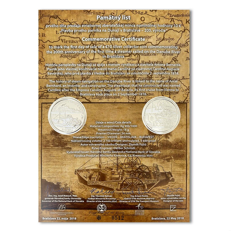 Pamätný list 10 EURO/2018 - Plavba prvého parníka na Dunaji v Bratislave - 200. výročie