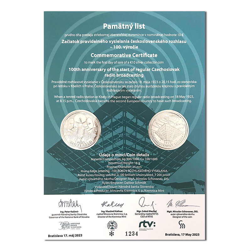 Commemorative Certificate 10 EURO/2023 - 100th anniversary of the start of regular broadcasting by Czechoslovak Radio