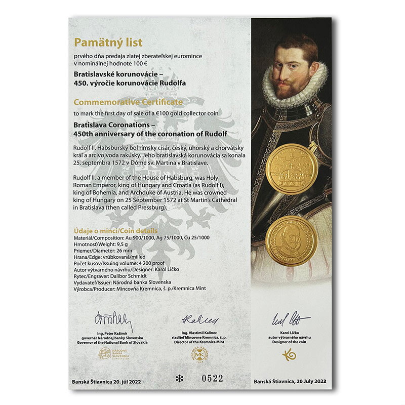Commemorative Certificate 100 EURO/2022 - Bratislava coronations – 450th anniversary of the coronation of Rudolf