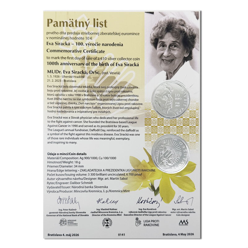 Pamätný list 10 EURO/2026 - Eva Siracká - 100. výročie narodenia