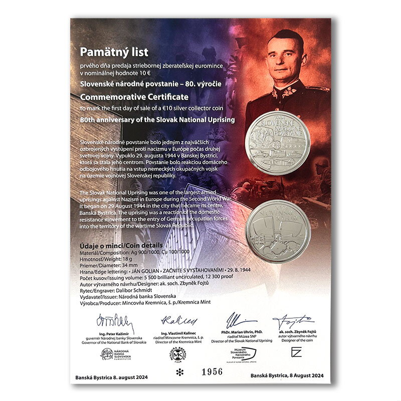 Pamätný list 10 EURO/2024 - Slovenské národné povstanie - 80. výročie