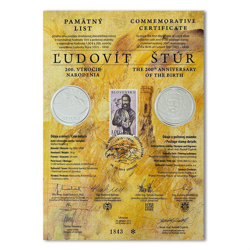 Pamätný list 10 EURO/2015 - Ľudovít Štúr - 200. výročie narodenia