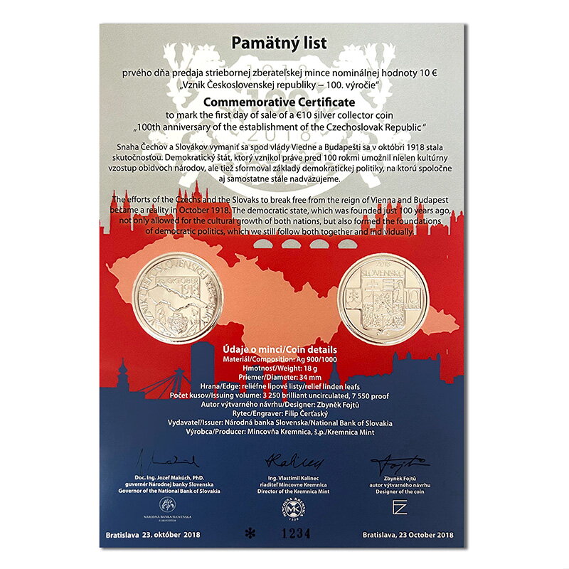 Commemorative Certificate 10 EURO/2018 - 100th anniversary of the establishment of the Czechoslovak Republic