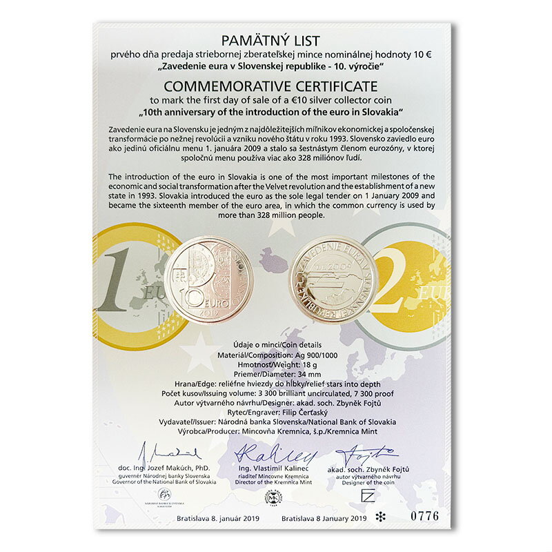 Commemorative Certificate 10 EURO/2019 - 10th anniversary of the introduction of the euro in Slovakia